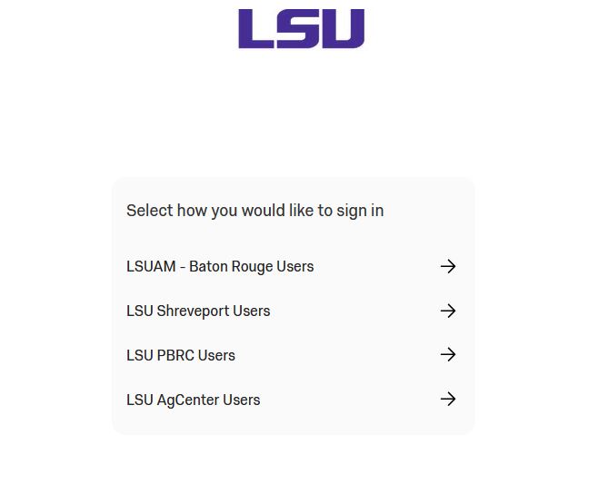 Qualtrics login page with LSU campus options