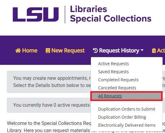 Special collections all requests dropdown selection