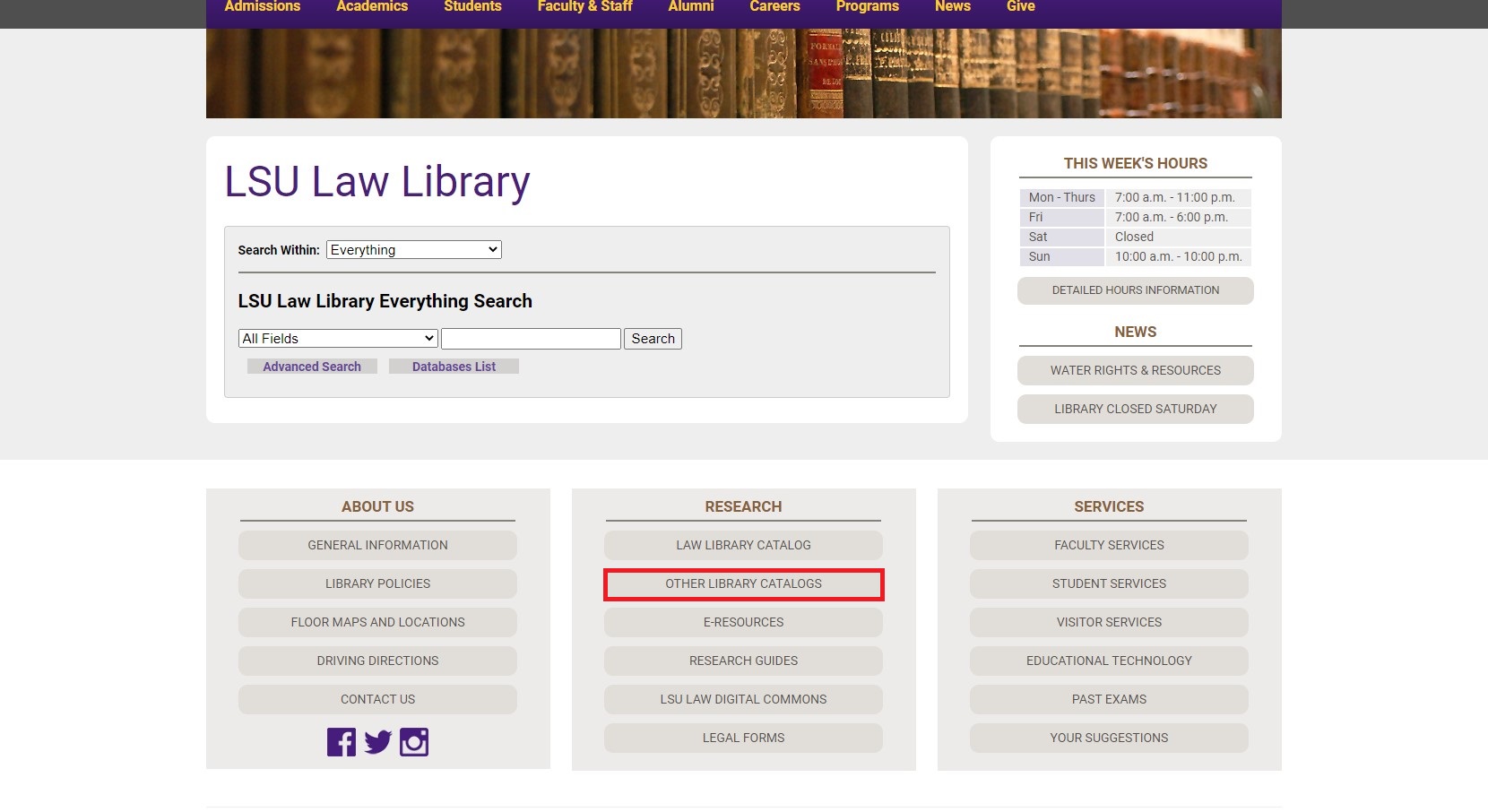 LSU law library website homepage with other library catalogs highlighted