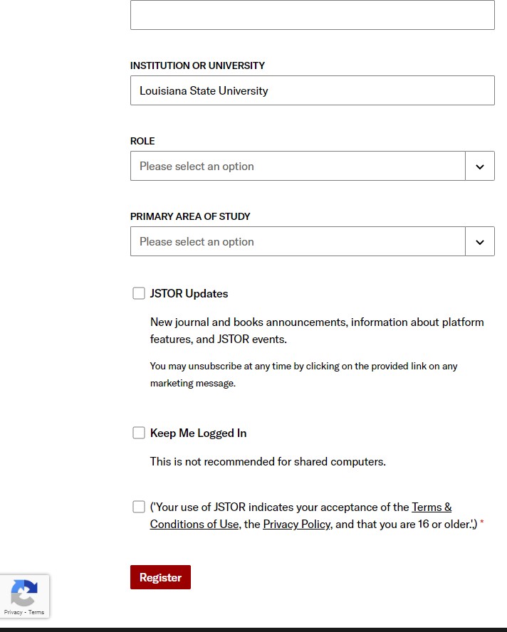 Register button on bottom of JSTOR account registration page