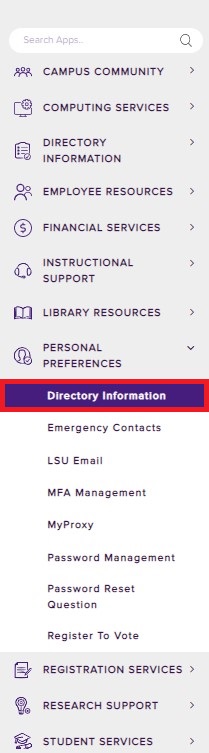 Directory information highlighted under personal preferences on myLSU homepage