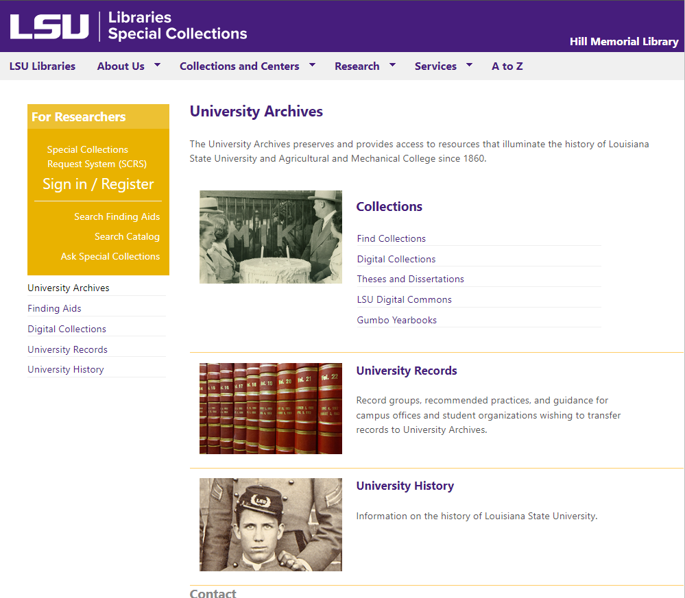 University archives screen options
