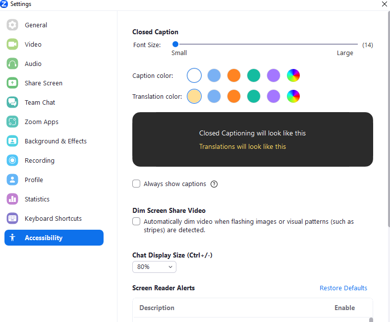 caption and accessibility features in zoom settings window