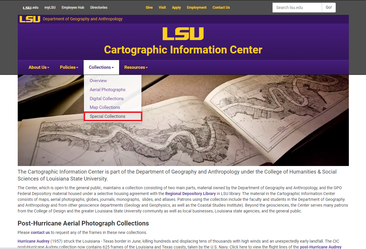 LSU CIC special collections tab under collections